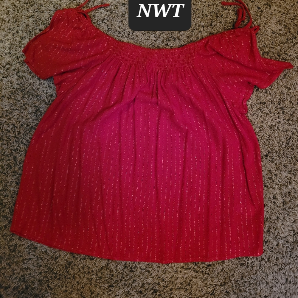 Maurices Red Off-Shoulder Top with Metallic Thread